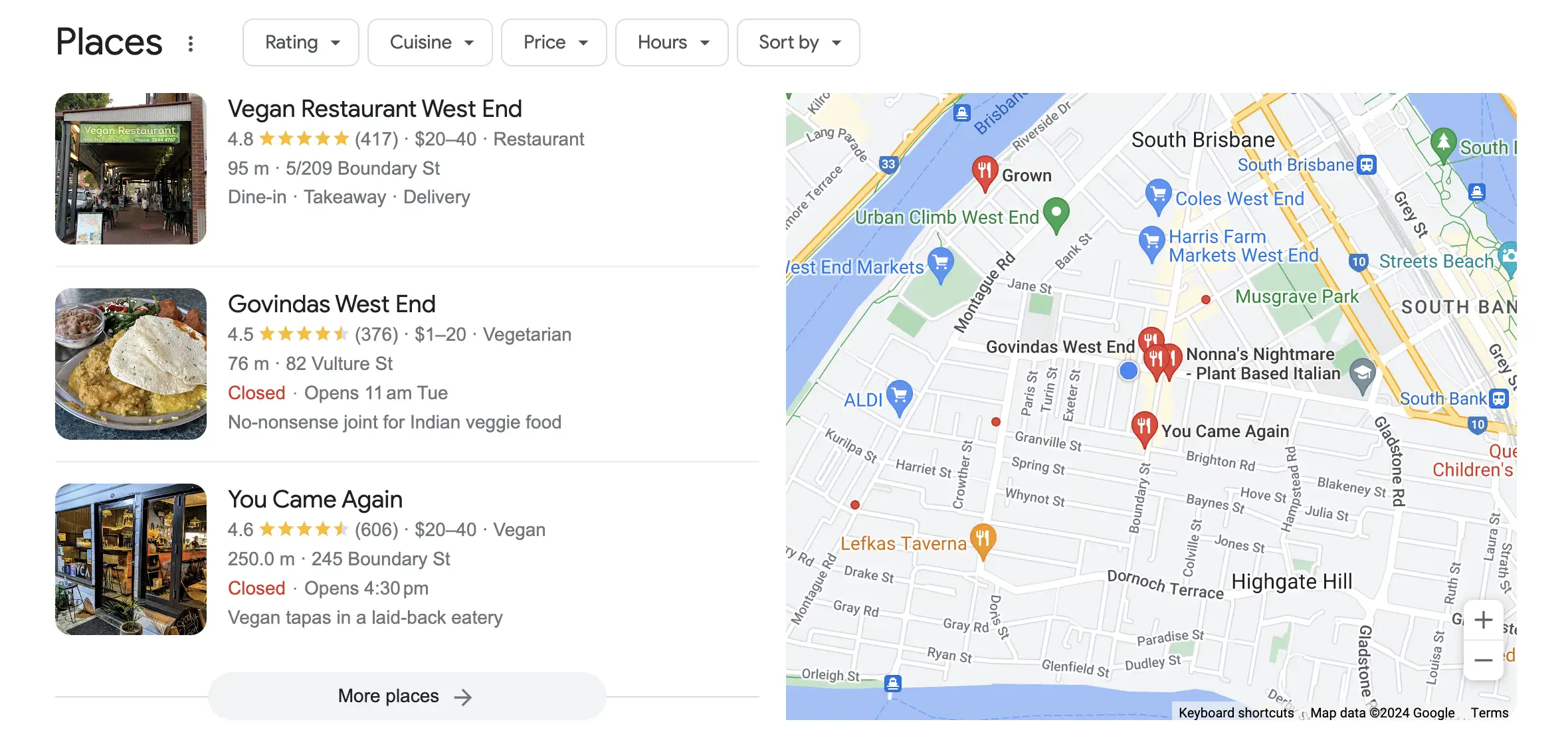 Screenshot of a Google Pack Listing for the search query, "Vegan restaurant West End"